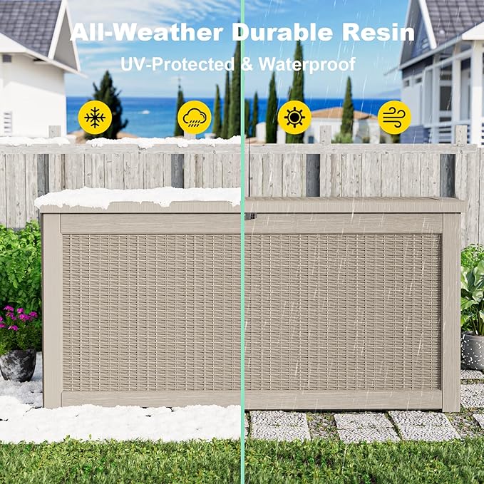 260 Gallon Outdoor Deck Box,Storage Lockable Waterproof Patio Furniture,Garden Tools,Cushions,Pool Accessories Outside Storage Resin Box(Grey)