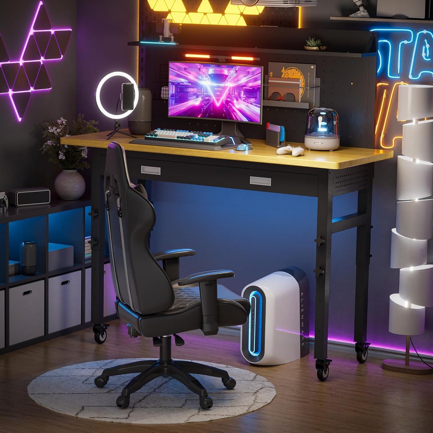 60" Heavy Duty Work Bench with Drawers, Adjustable Height 2000 Lbs Garage Workbench with Pegboard Pad & Power Outlets & Wheels, Mobile Tool Work Table for Workshop Woodworking Home Office