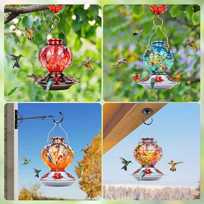 BOLITE Hummingbird Feeder, Hand Blown Glass Hummingbird Feeders for Outdoors Hanging, with Ant Moat and 5 Feeding Ports, 22 Ounces, Peony Flower Shape, Red, Gifts for Women Men, Gifts for Mom Dad