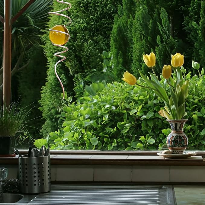 Gazing Ball Spiral Decorative Wind Spinner Tail Wind Spinner Sun Catcher 11inch Tail and 2 inch Glass Orb. Wind Spinner Stabilizer Indoor Outdoor Garden Decoration -13 inch Height(Gold)