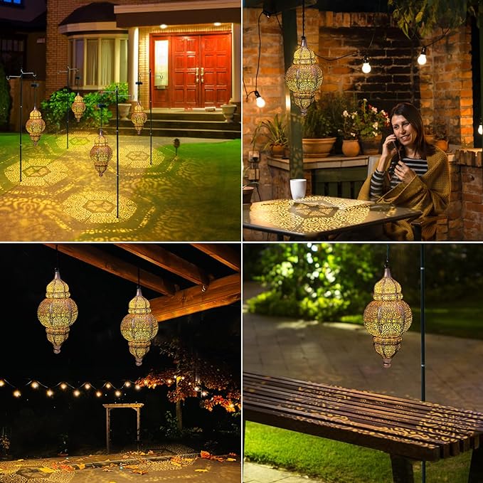 2 Pack Hanging Solar Lights, Outdoor Decor Solar Lantern, Waterproof Metal Moroccan Lantern for Outside Patio Pathway Yard Front Porch Backyard Garden Decorative