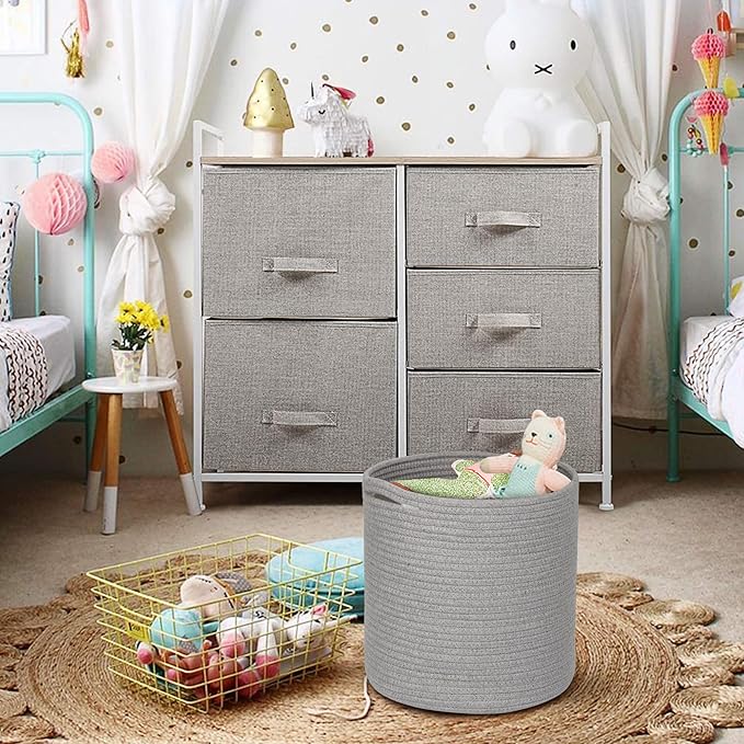 Grey Plant Basket, Woven Basket Planter for 10 inch Pot, Round Indoor Tree Pot Cover, Small Gray Storage Bin Organizer, Decorative Basket for Plants and Home Decor, 11”X11”