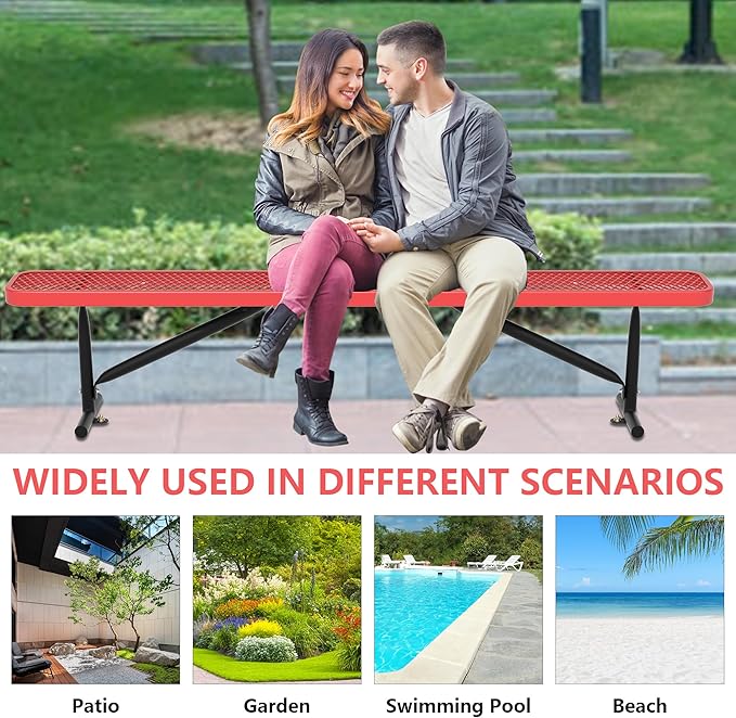 48" L Outdoor Steel Flat Bench, Heavy Duty Metal Park Bench for Outside, Expanded Metal, Commercial Benches Mesh Bench for Shopping Mall, Store, Lawn, Park, Patio, Deck, Garden (Red, 8FT)