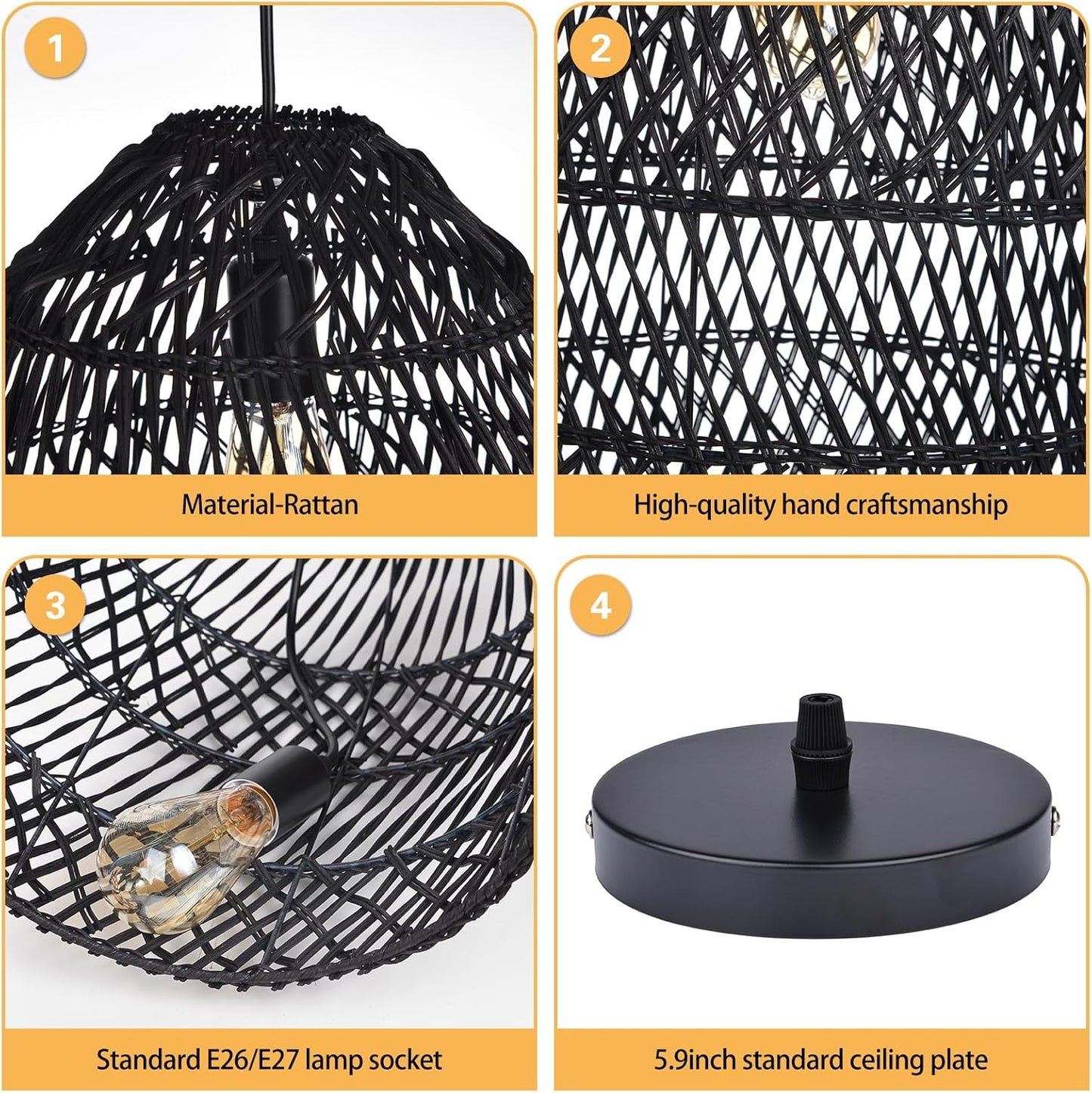 Arturesthome 1 Light Rustic Rattan Basket Pendant Light Boho Wicker Chandelier Coastal Handmade Crafts Lampshade, Farmhouse Hanging Ceiling Lighting for Dining Kitchen Island Black 13.75in*19.68in