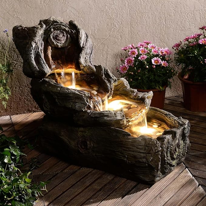 31.5" L Garden Water Fountain Outdoor, Artifical Imitation Wood Outdoor Water Fountain Natural Waterfall with LED Lights for Patio,Porch,Backyard,Home Art Decor(Resin)