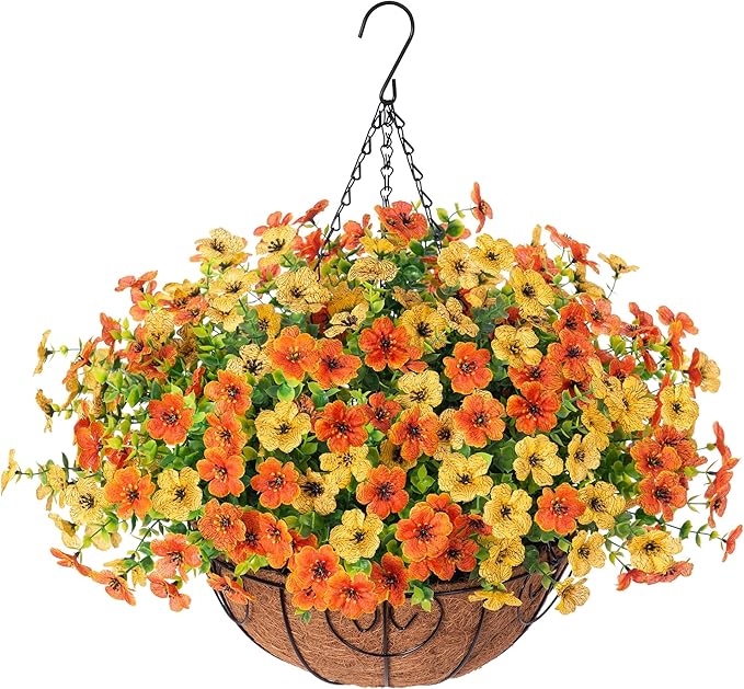 Artificial Fake Hanging Mums Plants Flowers Basket for Fall Autumn Outdoor Decor, Faux Silk Orange Dasiy Flower Look Real UV Resistant for Outside Porch Home Patio Garden Decoration