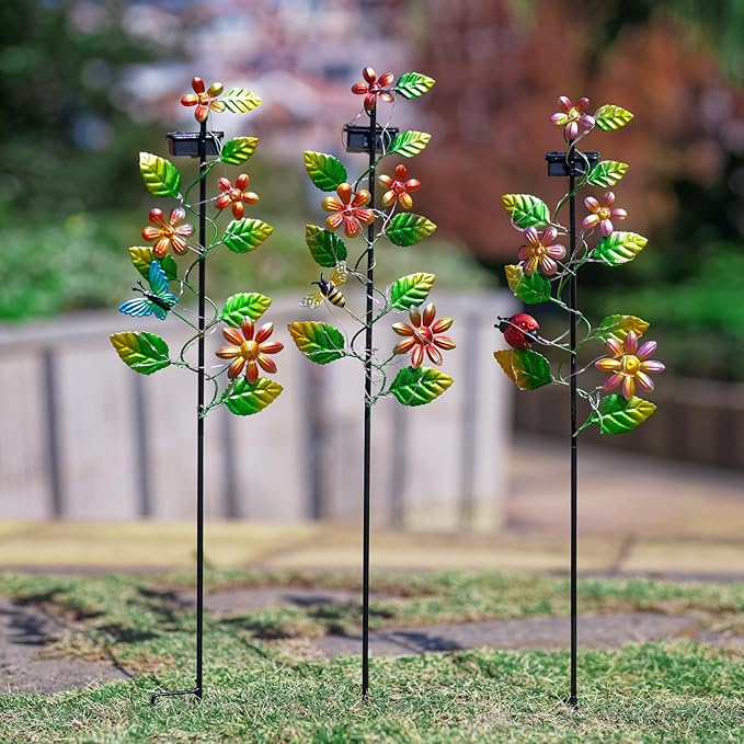 3 Pack Solar Garden Lights, Flower & Insect Metal Solar Stake Light, 23" H Outdoor Statues Figurine Lights for Garden Lawn Patio Yard Decoration