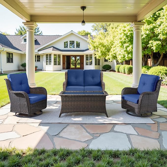 8 Piece Outdoor Patio Furniture Set - 41" CSA Propane Fire Pit Table Patio Conversation Set with Swivel Rocker Outdoor Chairs, Wicker loveseat and Ottoman for Outside Casual Gathering