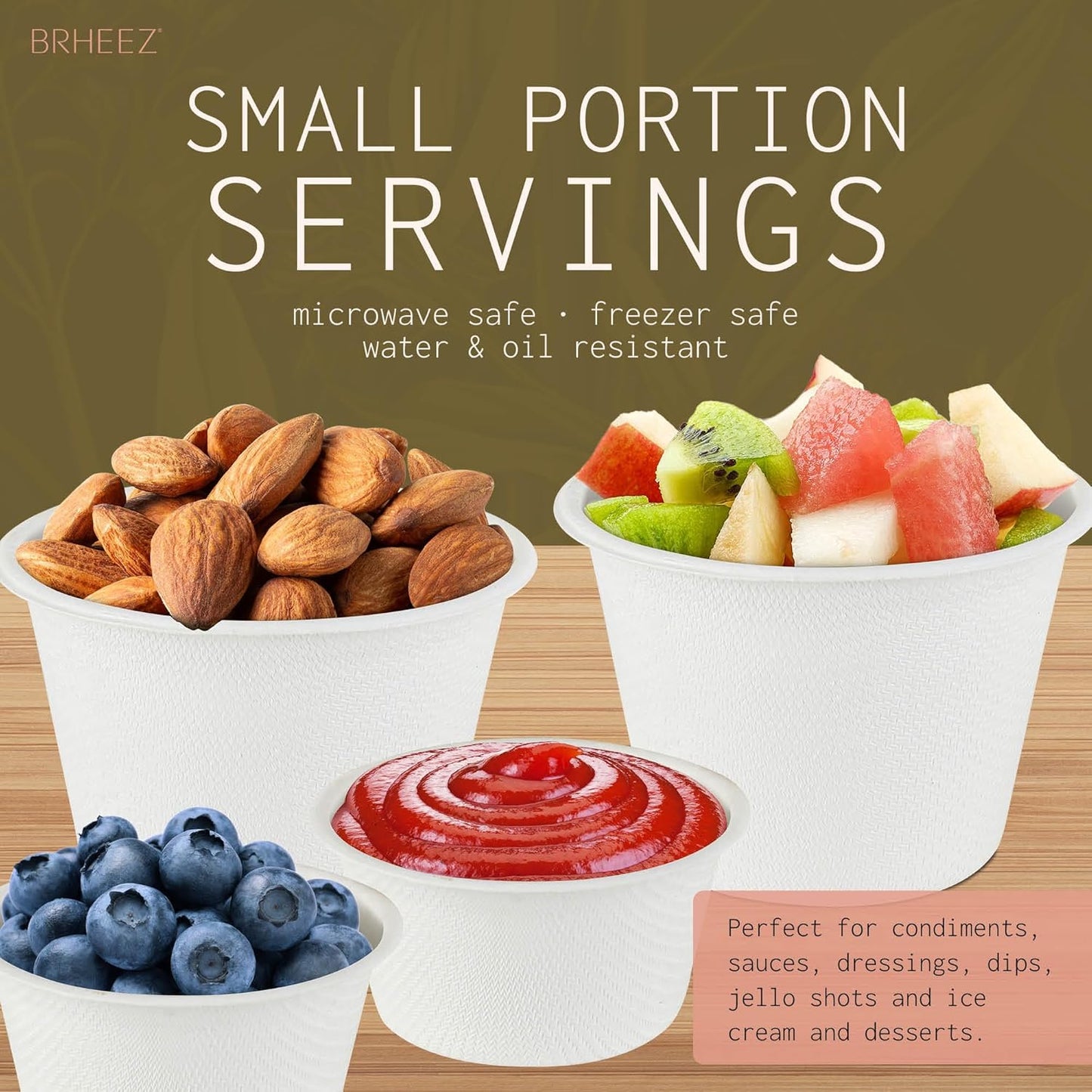 brheez 2 oz - Pack of 100 Disposable Bagasse Fiber Souffle Cups , 100% Natural Biodegradable & Compostable Perfect for Condiments Small Portion & Samples , Eco Friendly Paper Alternative - White