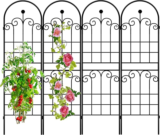 LZRS 4 Pack 71x20in Rustic Iron Arch Decoration Garden Trellis with Black Metal Coating – Perfect for Supporting Climbing Plants Outdoor, Roses, Vines, Flowers, and Vegetables.