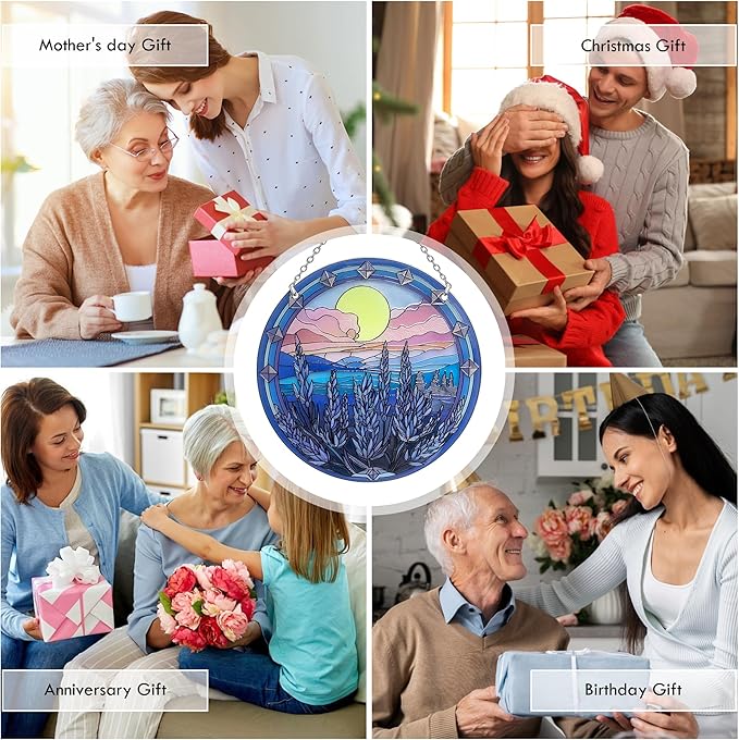 6’’ Lavender Suncatcher Stained Glass - Sun Catcher with Mountain Stained Glass Window Hanging, Suncatchers for Windows Hanging, Lavender Wall Decor, Suncatcher Gifts for Women/Friends/Lover