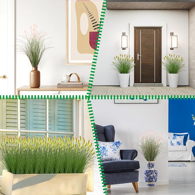 Artificial Grass Plants Outdoor 12 Bunches Fake Onion Grasses with Plush Fake Shrubs Plant Flowers Faux Greenery Wheat Sea Grass for Outside Garden Indoor House Home Office Room Décor (Green & Red)