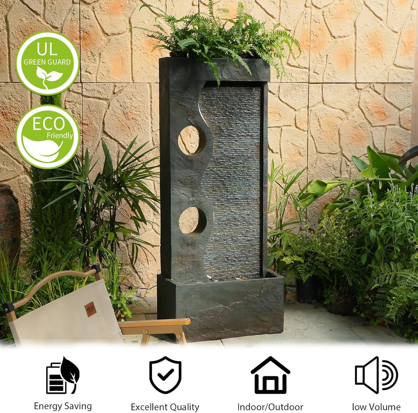 46.8" H Water Fountain Outdoor Water Fall Fountains Indoor Waterfall Modern Fountain with LED Lights Floor-Standing for Outside Garden, Patio, Backyard, Deck, Porch, Landscaping, Balconies
