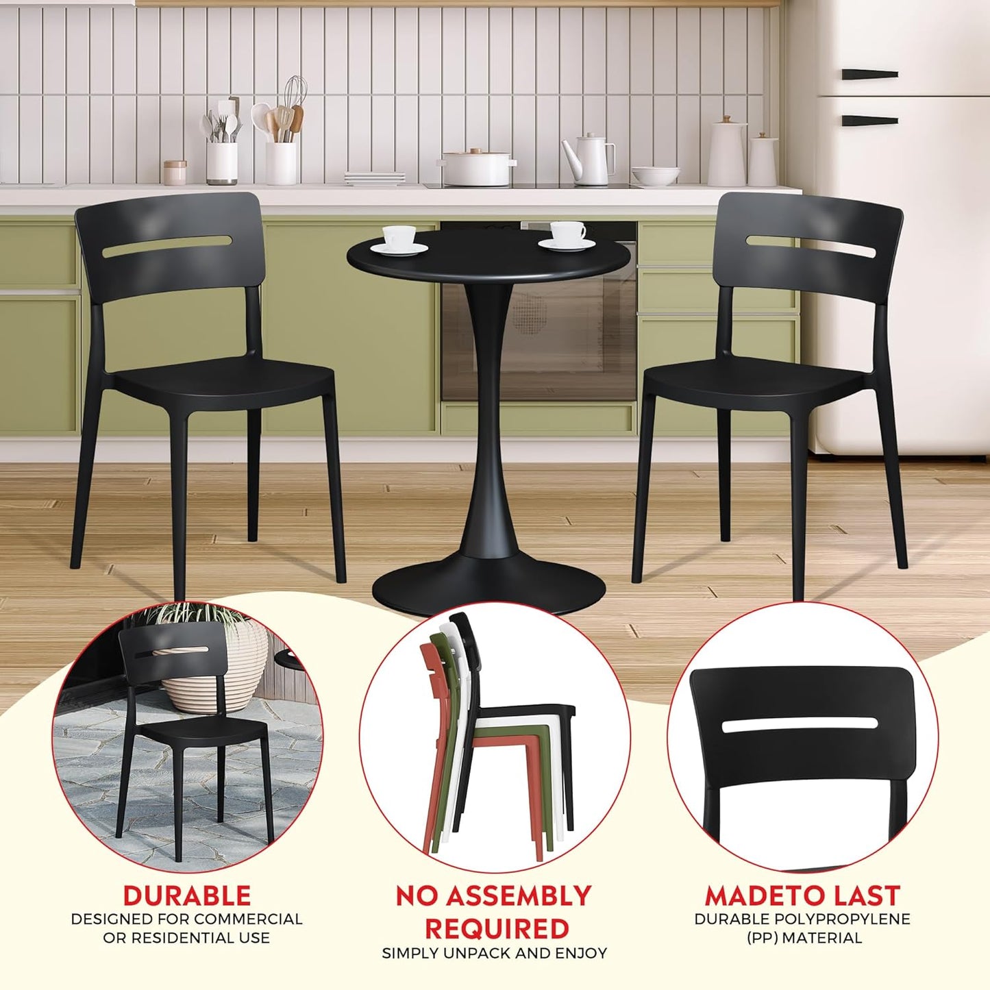 5-Piece Outdoor Dining Set, HDPE Patio Square Bistro Table and Stackable Chairs Sets for 4, Patio Furniture All Weather for Backyard Poolside, Black