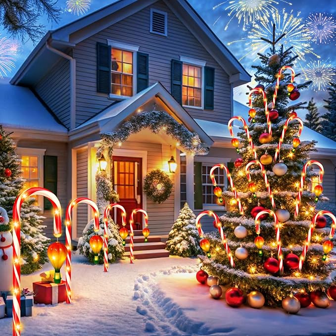 12 Pack Outdoor Solar Christmas Decorations, 180 Bright LED Solar Candy Cane Christmas Lights 8 Lighting Modes, Waterproof Outside Xmas Decorations with Lantern Decor Lights for Pathway Yard Garden