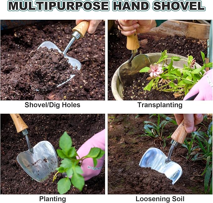 Berry&Bird Potting Trowel, Oversized Garden Hand Shovel with Sharp Blade & Wood Handle, Stainless Steel Gardening Tool for Roots, Planting, Digging, Transplanting, Soil Loosening and Fertilizer Mixing
