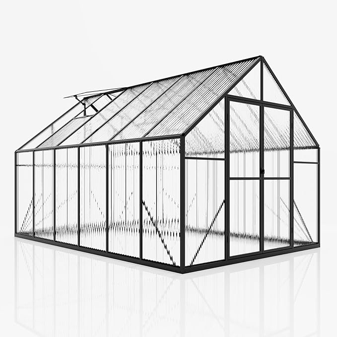 Amerlife 8x11.5x7 FT Polycarbonate Greenhouse for Outdoors, Walk-in Design with Aluminum Frame, 2 Windows and Swing Door, Heavy-Duty Greenhouse Construction for Garden, Black