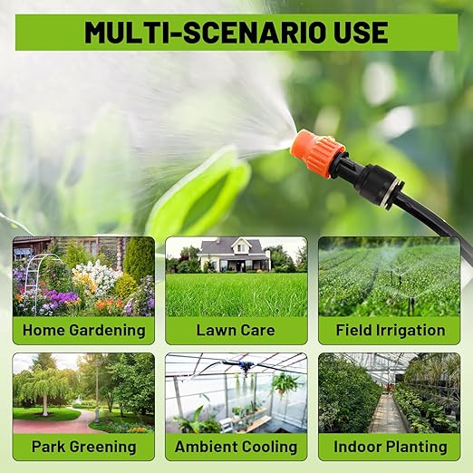 Garden Drip Irrigation Kit, 100ft Black Hose, 360° Pure Copper Closeable Nozzle, Patio Misting Plant Watering Sprinkler, Faucet Separator, Sprinkler Hose Adapter (16 360° nozzles + 16 T-connectors)