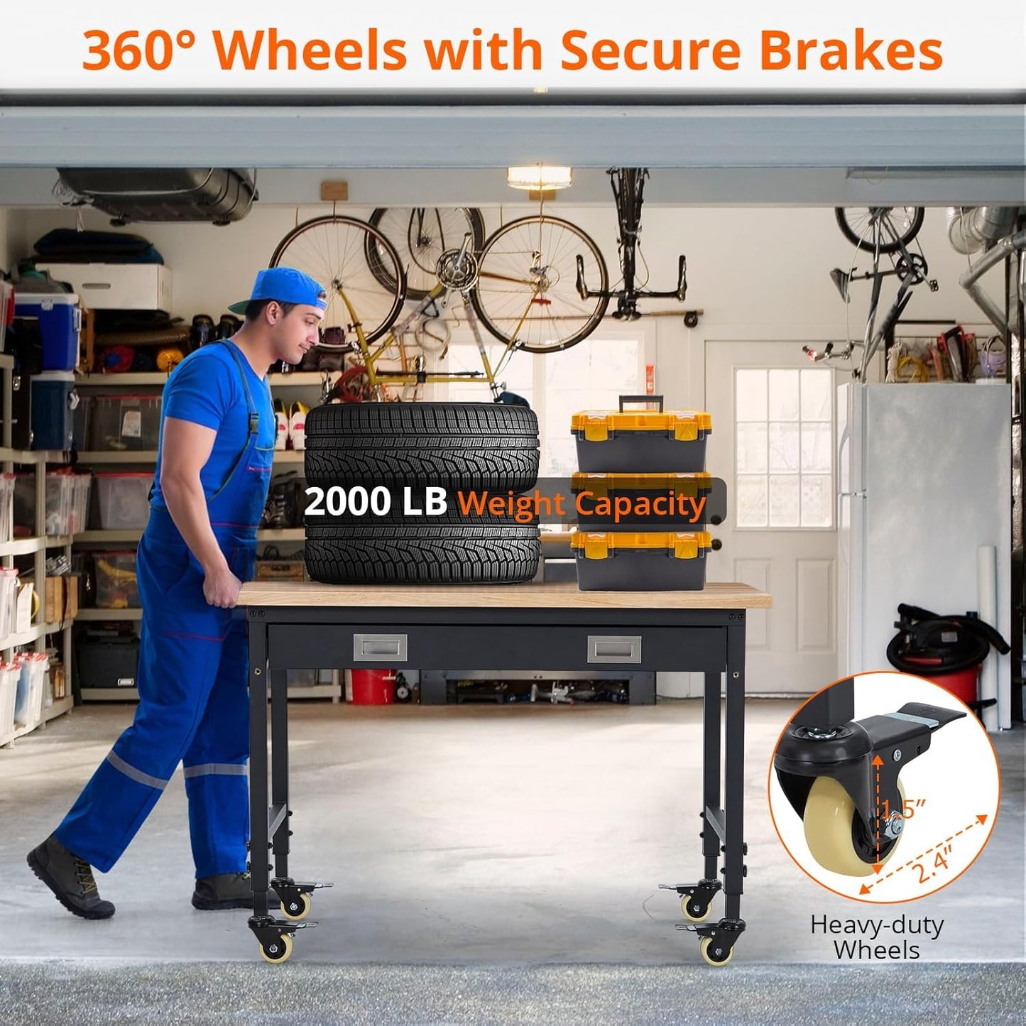 48'' Adjustable Workbench on Wheels, 2000LBS Heavy Duty Worktable with Power Outlets & Drawers, Rubberwood Workstation for Workshop, Garage, Office, Home