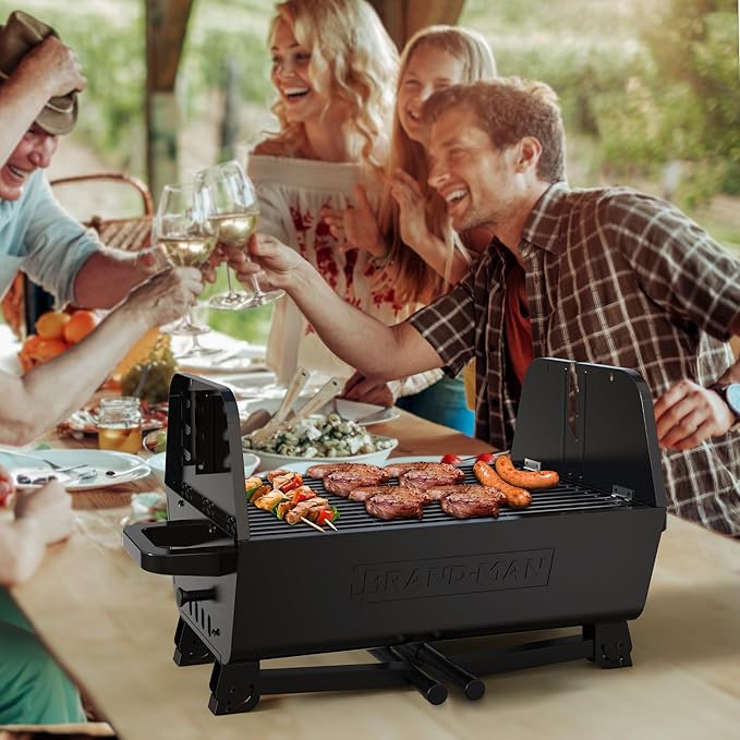 Brand‑Man 2‑in‑1 Charcoal BBQ Grill with Motorized Rotisserie – Portable, Foldable Grill, 257 sq in Outdoor BBQ Grill for Camping & Tailgate, Adjustable Height, Dual Vents