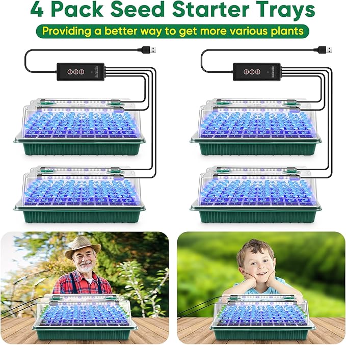 BlumWay Seed Starter Tray with Grow Light,4 Pack 160 Cells Seedling Tray with Humidity Dome/Indoor Grow Kit for Deep-Rooted Seedlings,Adjustable/Timed Light Plant Starter Set