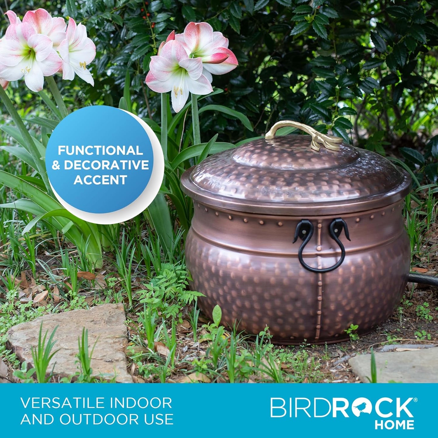 BirdRock Home Water Hose Holder with Lid | Ground Garden Hose Pot | Decorative | Handle | Embossed | Steel Metal with Copper Accents | Outdoor or Indoor Use