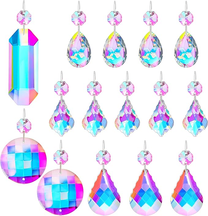 15pcs Colorful Crystal Suncatcher Hanging Chandelier Prisms Pendant with Crystal Octagon Bead Decor for Home Garden Wedding DIY Ornament
