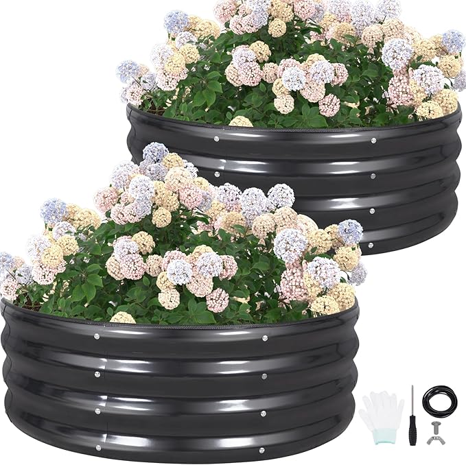 G GOOD GAIN Round Raised Garden Bed - 2Pcs 3x3x1ft Galvanized Steel Planter Boxes Outdoor with Rubber Edge Trim | Metal Raised Beds for Gardening Vegetables Flowers Fruits Herbs (Dark Grey)