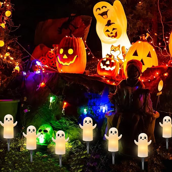 4 Pack Halloween Smiley Elves Pathway Lights, 7Ft Outdoor Halloween Decorations Lights with LED Smiling Ghost Yard Stakes Lights for Outdoor Garden Walkway Patio Backyard Halloween Party Decor