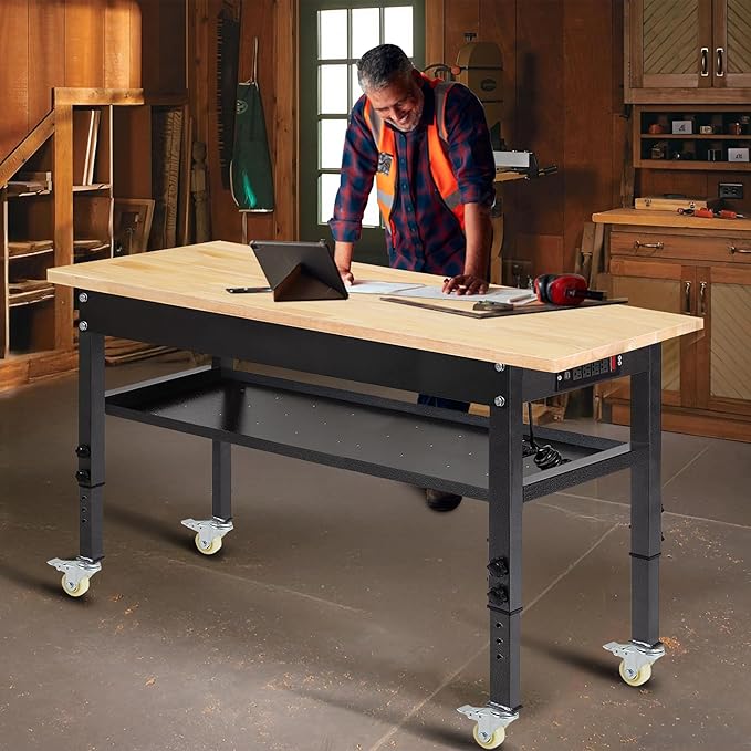 48"/60'' Adjustable Workbench, Rubber Wood Top Work Bench Heavy-Duty Work Table with Power Outlet, Wheels, Partition 2000 LBS Load Capacity Hardwood Work Benches for Garage, Workshop, Home, Office