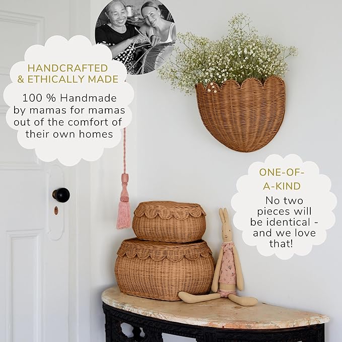 BEBE BASK Scalloped Wicker Hanging Basket - The Original Wicker Wall Decor - Hand Woven Wall Basket - Home Décor Wall Hanging Basket - Wall Storage Basket for Nursery, Living Room and Bathroom (Mocca)