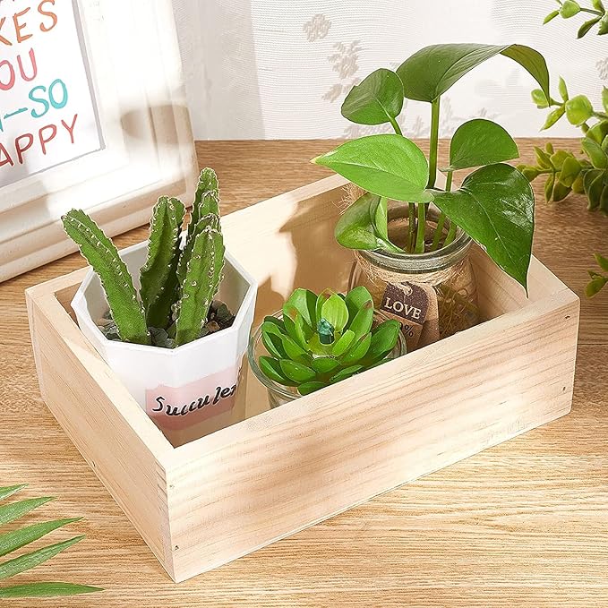 2 Pcs 7.5" × 5" × 2.4" Natural Wooden Succulent Planter Plant Container Box Window Boxes Rectangular Flower Pot Storage Box for Indoor Outdoor Home Venue Decor
