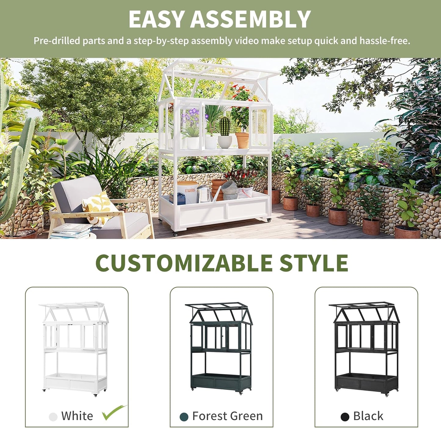 Greenhouse Cold Frames with Wheels - Adjustable Shelves Portable Cold Frame for Balcony/Patio, UV-Resistant Indoor Outdoor Plant Growing Cabinet (Large, Heavy-Duty) (White)