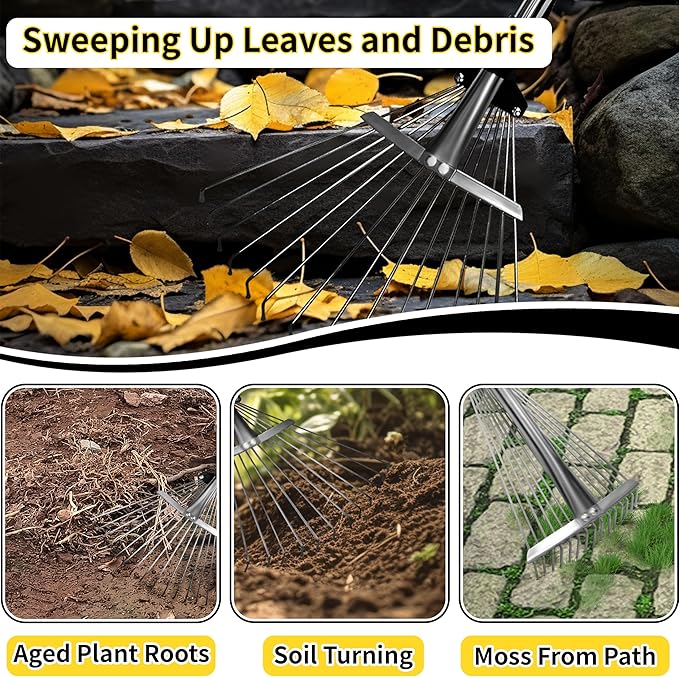 2 Pack Garden Rake for Leaves,Heavy Duty Metal Adjustable Leaf Rake for Lawns,Long Handle 33"-69" with Expandable Head 8"-15",Garden Tools for Yard Lawn Shrub Garden Beds