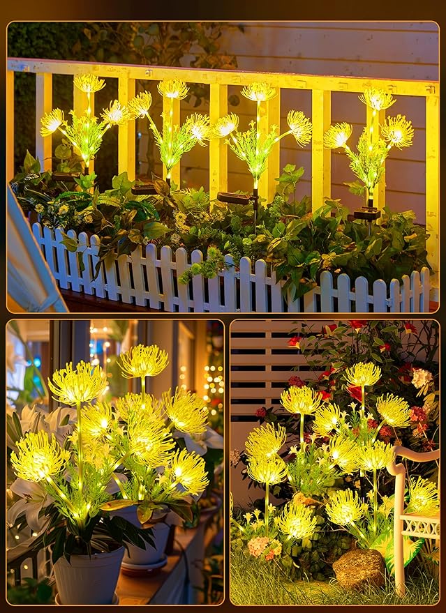 Brightown Outdoor Solar Garden Lights - 4 Pack LED Solar Flower Lights with Glowing Flowers & Stems, More Realistic, Bigger Solar Panel, Waterproof Solar Lights for Outside Yard Patio Home, Yellow