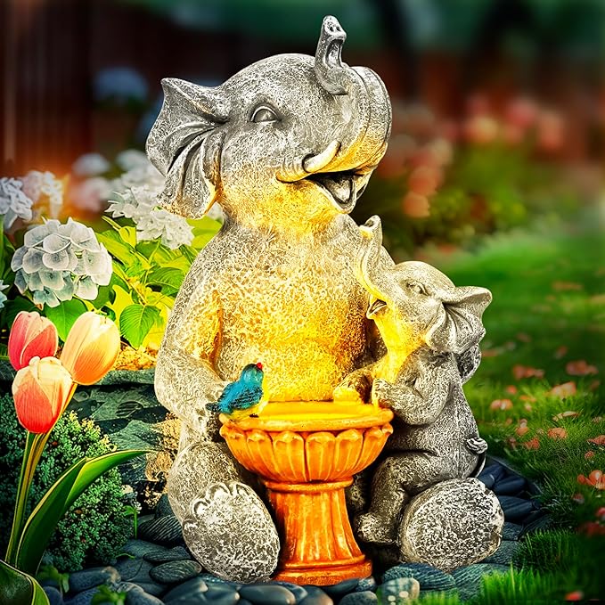 GIGALUMI Solar Garden Decor Bird Bath Elephant Statues Outdoor, Birthday Gifts for Women, Gifts for Mom Grandma Senior Elder, Elephant Ornament for Balcony, Garden, Patio, Yard, Lawn