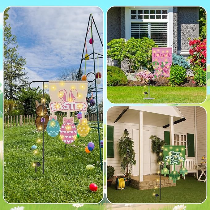 3 Set Seasonal Garden Flags with 8 Modes Solar LED Double Sided 12 x 18 Inch Small Yard Flags Outdoor Lighted Welcome Spring Easter St. Patrick's Day Clover Garden Decor for All Seasons