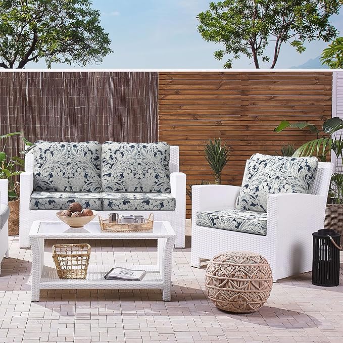 LVTXIII Outdoor/Indoor Deep Seat Cushion Patio Seat and Back Cushion Set All-Weather Replacement Chair Cushion for,Wicker Chairs and Garden Furniture Decoration, 24"x24"x4", Damask Lapis