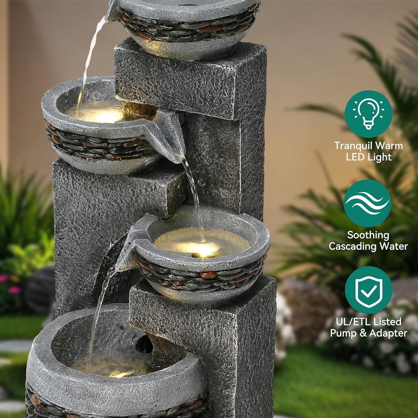 19.5" Tall 4-Tier Pedestal Outdoor Water Fountain with LED Lights and Pump, Relaxing Garden Fountain Waterfall for Patio, Porch, or Yard