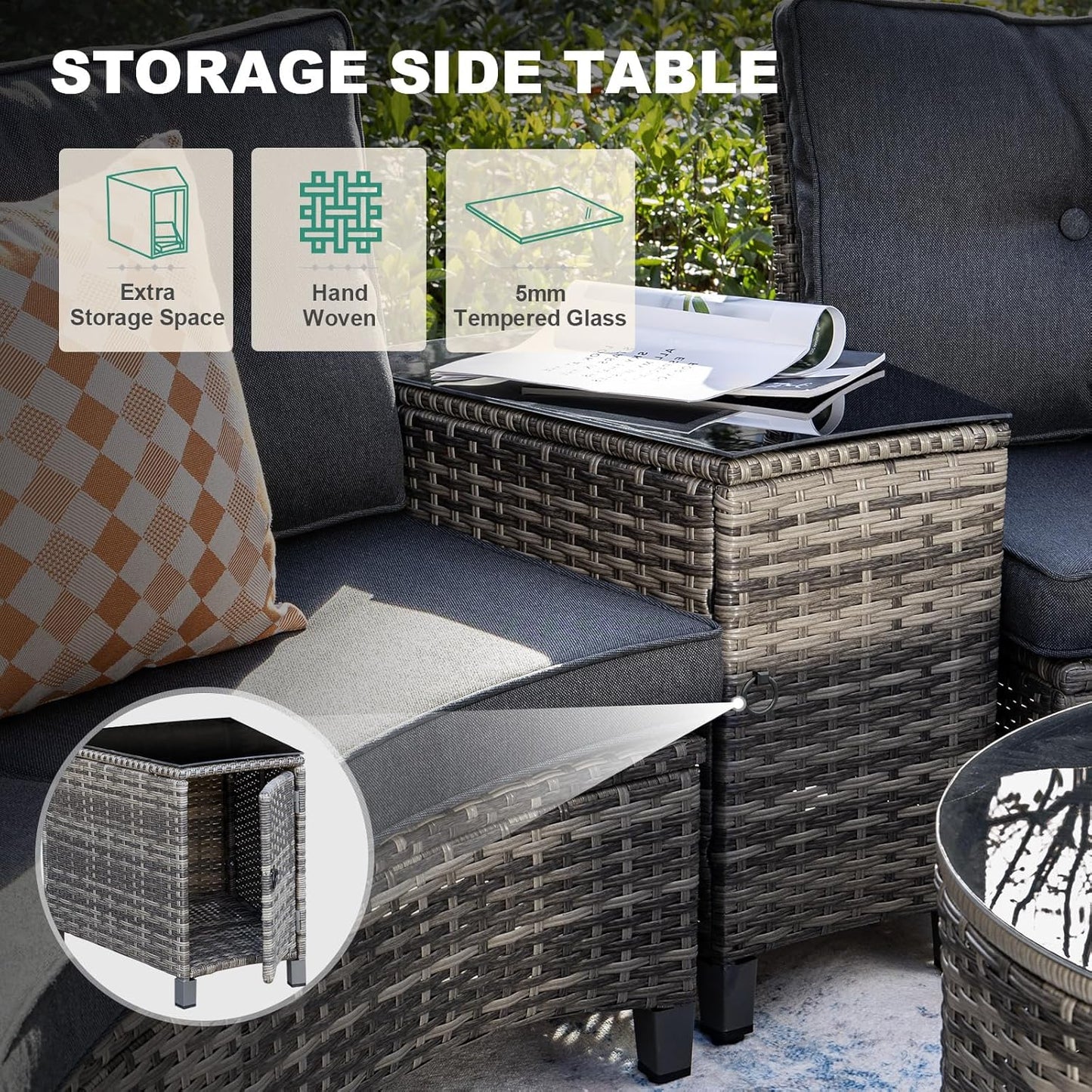 8 Piece Outdoor Patio Furniture Set, Half-Moon Curved Sectional Set with Wood Armrests, Patio Conversation Set, 2 Half-Moon Ottomans,Coffee & Side Tables (Grey)