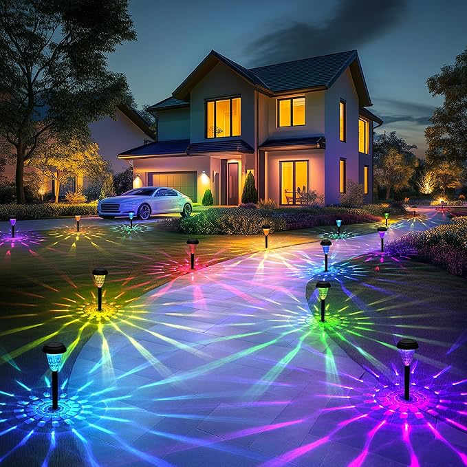 Garden Decor Solar Lights Outdoor Waterproof Outdoor Decor Solar Pathway Lights Color Changing Light for Patio Driveway Walkway Yard Backyard Lawn Landscape Decor (12 Pack)