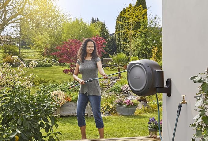 GARDENA 20502, Retractable Garden Hose Reel 75' x 1/2" hose, Wall Mounted, Automatic Retraction & Length Lock for Easy Watering. Heavy Duty Swivel Bracket 180°, Includes Nozzle. Made in Europe