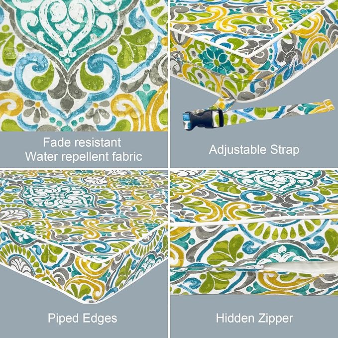 LVTXIII Patio Chair Cushions 19"x19"x3", Water-Repellent Outdoor Seat Cushions for Patio Furniture, Square Chair Pads with Ties for Home Garden Decoration, Set of 2, Damask Green