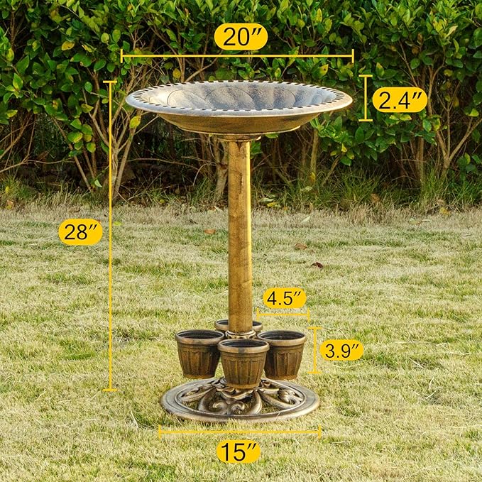 Bird Bath for Outside with 4 Removable Flower Planters 28in Polyresin Lightweight Vintage Birdbath for Outdoors Stake Standing Bowl and Water Feeder Yard Garden Decor Bronze