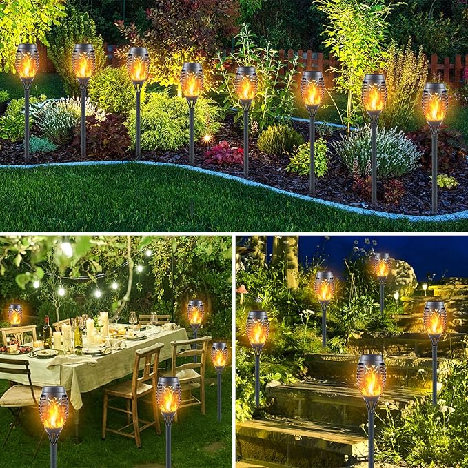12-Pack Solar Torch Lights with Flickering Flame - 12LED Mini Fire Effect Solar-Powered Tiki Torches, Waterproof Outdoor Lighting with Auto On/Off, Perfect for Garden, Patio & Pathway Decor