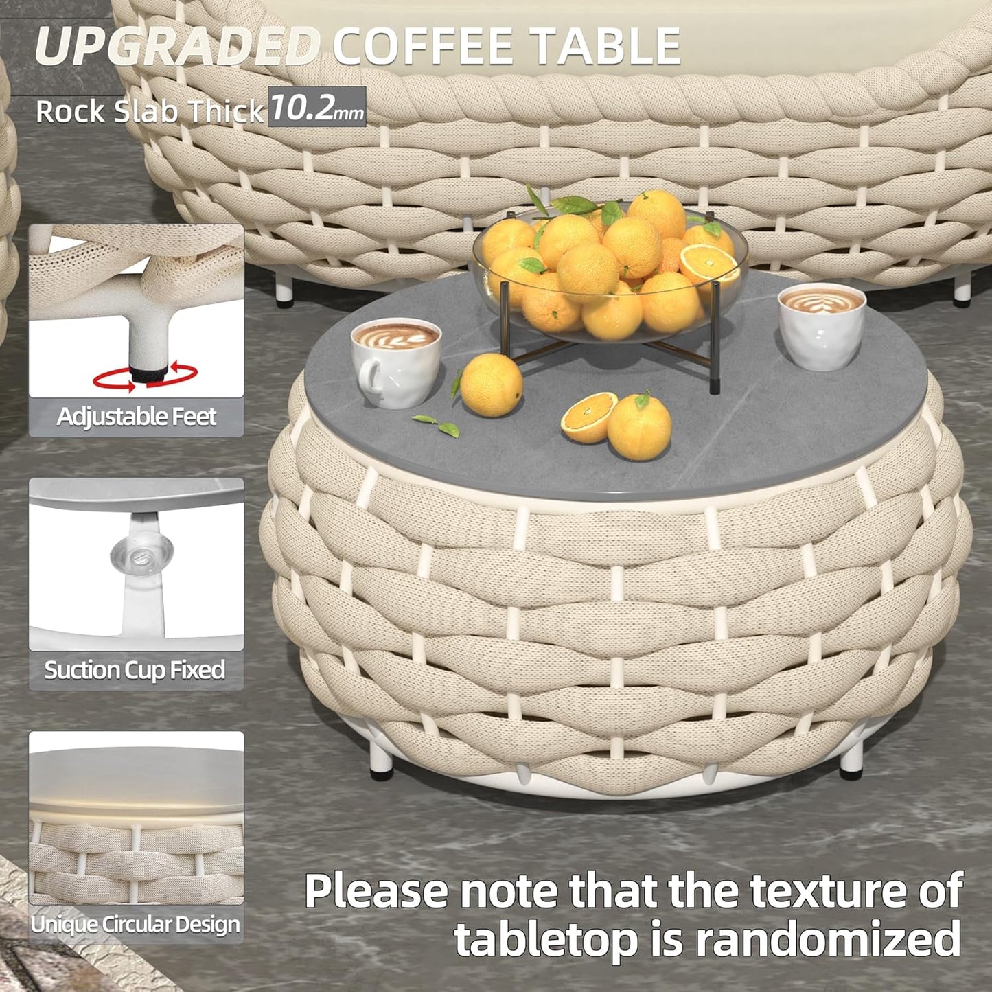 5-Piece Aluminum Patio Furniture Set, Olefin Rope Modern Outdoor Conversation Set Sectional Sofa with Water Repellent Thick Cushions and Coffee Table for Balcony, Garden, Beige