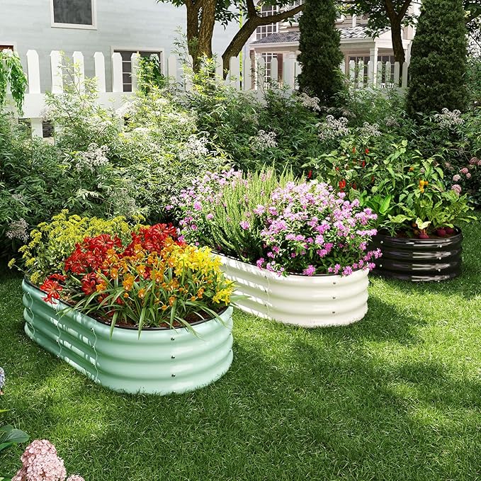 Galvanized Metal Planter Round Raised Garden Bed Kit for Gardening Outdoor,2x2x1ft 2pc Grow Garden Box Raised Flower Bed,Round Galvanized Planter Outdoor Metal Fire Pit Ring Black