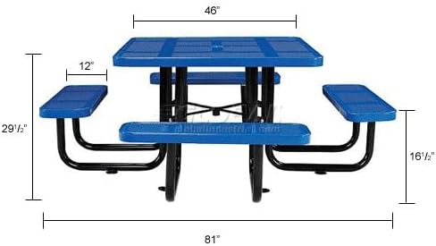 Global Industrial 46" Square Picnic Table, Perforated Metal, Blue Thermoplastic Coating, Attached Benches, 1-1/2” Umbrella Pole Hole, Outdoor-Rated, 1200 lb Capacity