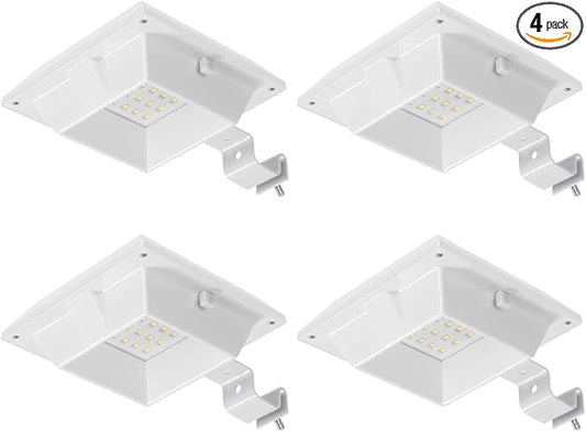 4 Pack White Solar Powered Gutter Lights Outdoor Decorative Waterproof 12 LEDs Yard Lamp for Lighting Fence, Railing, Outside Wall, Deck, Garden, Path, Backyard, Walkway, Patio, Holeless Installation