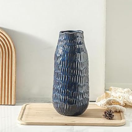 Blue Ceramic Vase for Home Decor, 12.6 Inch Tall Flower Vase with Modern Textured Finish,Decorative Floor Vase for Pampas Grass, Entryway, Living Room, Dining Table, Farmhouse or Office